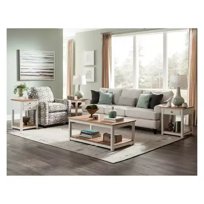 Tavolino Comodino Quadrato Bianco con 1 Cassetto e Piano in Legno Naturale