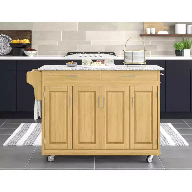 Carrello da Cucina Finitura Naturale con Piano in Granito – Montaggio per 1 Persona, 4 Ante