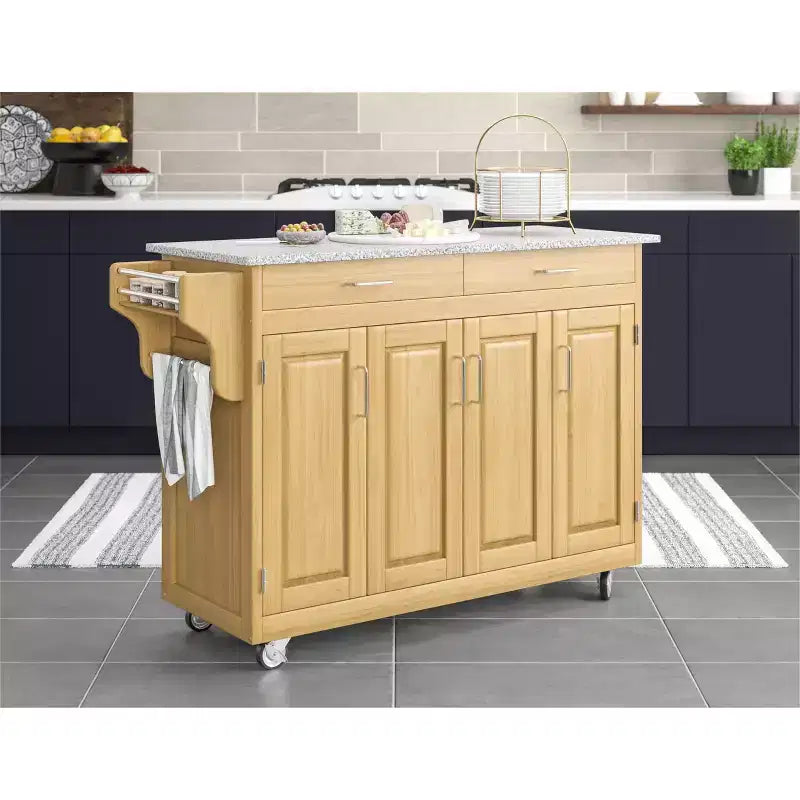 Carrello da Cucina Finitura Naturale con Piano in Granito – Montaggio per 1 Persona, 4 Ante