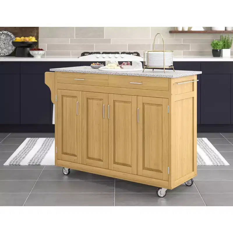 Carrello da Cucina Finitura Naturale con Piano in Granito – Montaggio per 1 Persona, 4 Ante