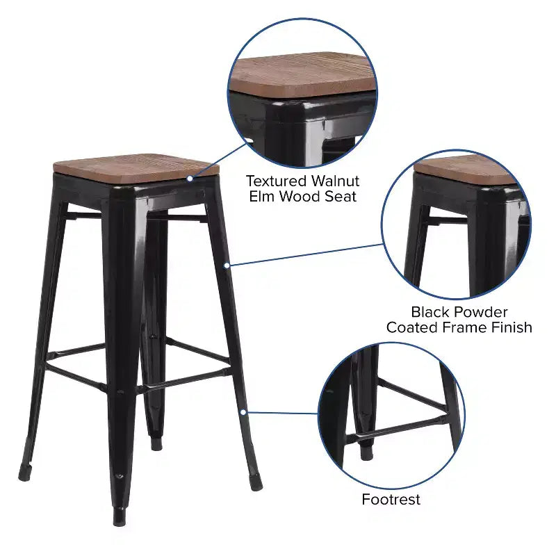 Sgabello da bar senza schienale, con seduta quadrata in legno, altezza 76 cm, 1 posto