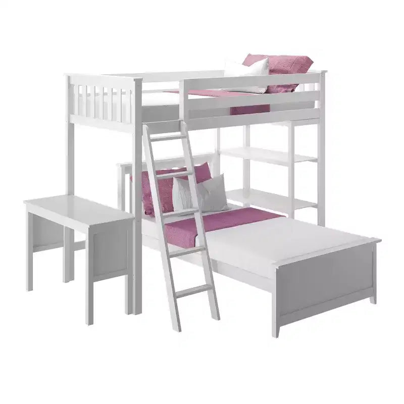 Letto a castello a L in argilla/bianco con due letti singoli, libreria e scrivania, per 2 persone