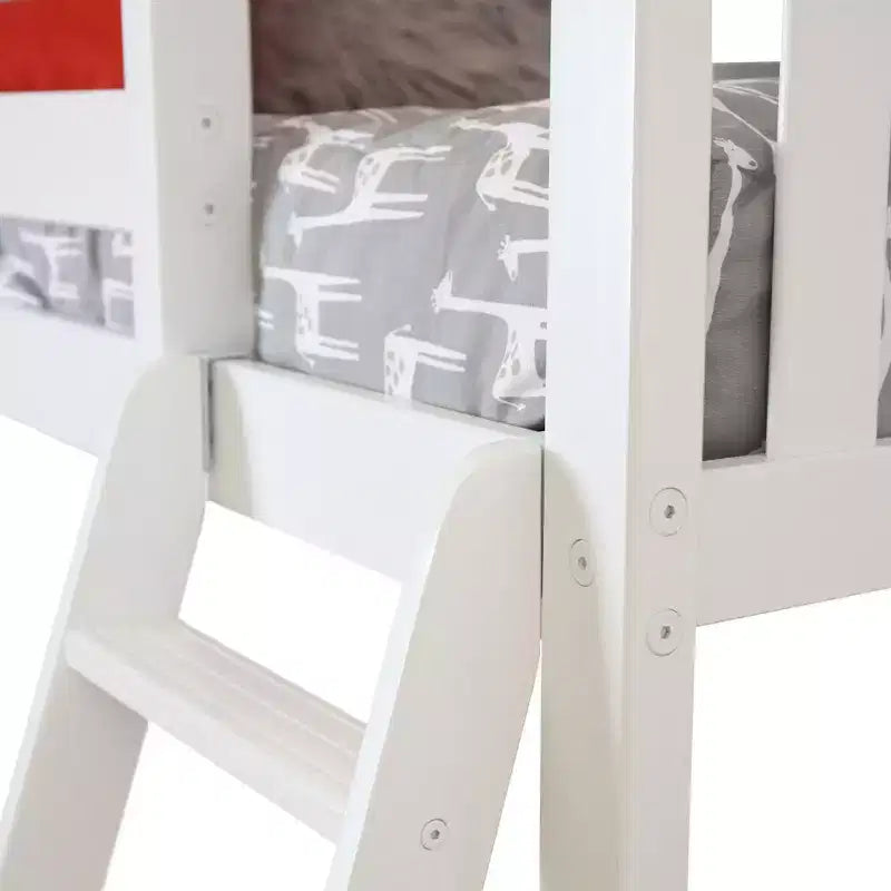 Letto a castello a L in argilla/bianco con due letti singoli, libreria e scrivania, per 2 persone