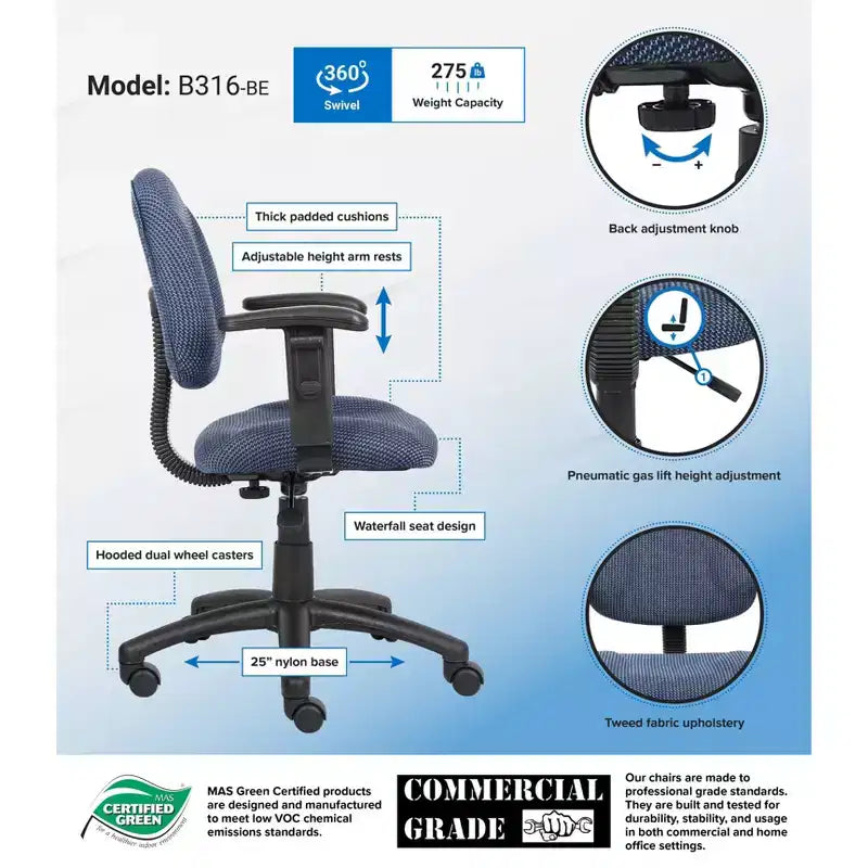 Sedia da ufficio Posture con braccioli regolabili, monoposto – Nero/Blu/Bordeaux/Grigio