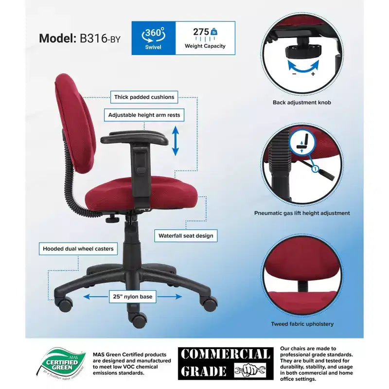 Sedia da ufficio Posture con braccioli regolabili, monoposto – Nero/Blu/Bordeaux/Grigio
