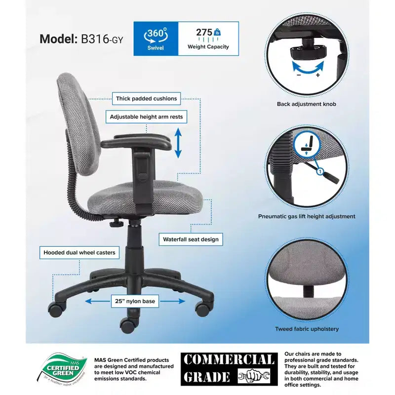 Sedia da ufficio Posture con braccioli regolabili, monoposto – Nero/Blu/Bordeaux/Grigio