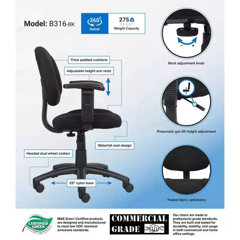 Sedia da ufficio Posture con braccioli regolabili, monoposto – Nero/Blu/Bordeaux/Grigio