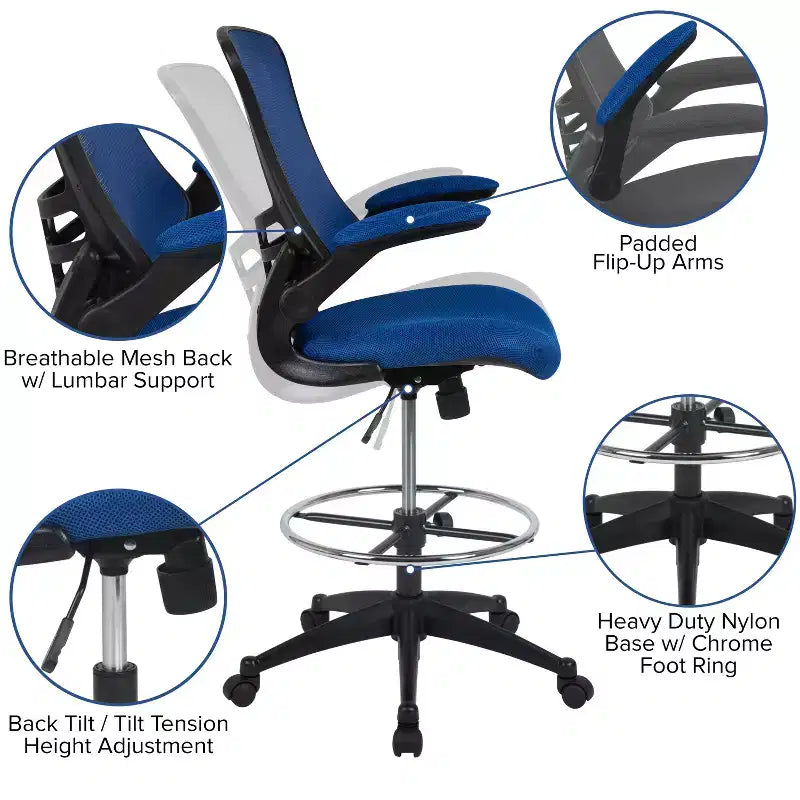 Sedia ergonomica da disegno in rete a schienale medio con poggiapiedi ad anello e braccioli ribaltabili, sedile singolo, colori assortiti