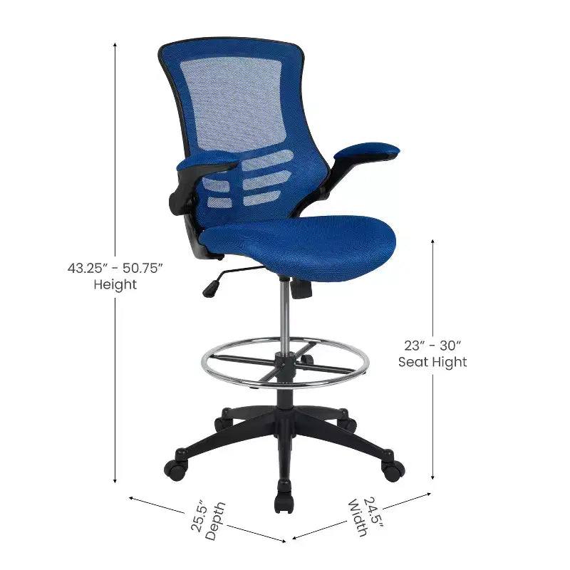 Sedia ergonomica da disegno in rete a schienale medio con poggiapiedi ad anello e braccioli ribaltabili, sedile singolo, colori assortiti