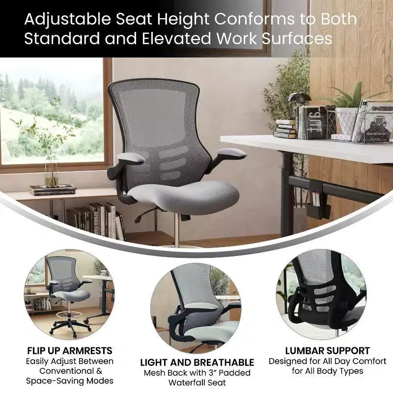 Sedia ergonomica da disegno in rete a schienale medio con poggiapiedi ad anello e braccioli ribaltabili, sedile singolo, colori assortiti