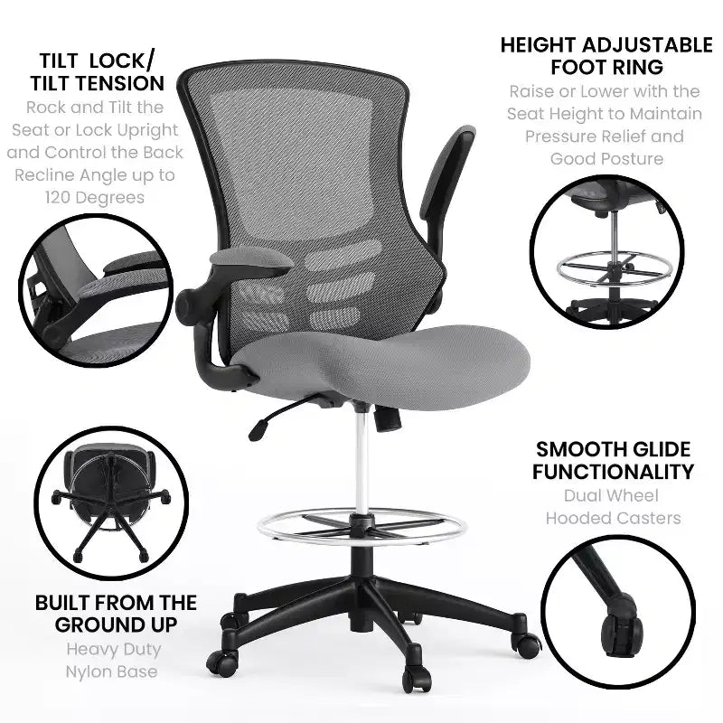 Sedia ergonomica da disegno in rete a schienale medio con poggiapiedi ad anello e braccioli ribaltabili, sedile singolo, colori assortiti