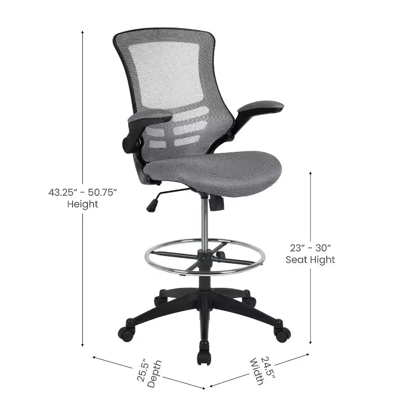 Sedia ergonomica da disegno in rete a schienale medio con poggiapiedi ad anello e braccioli ribaltabili, sedile singolo, colori assortiti