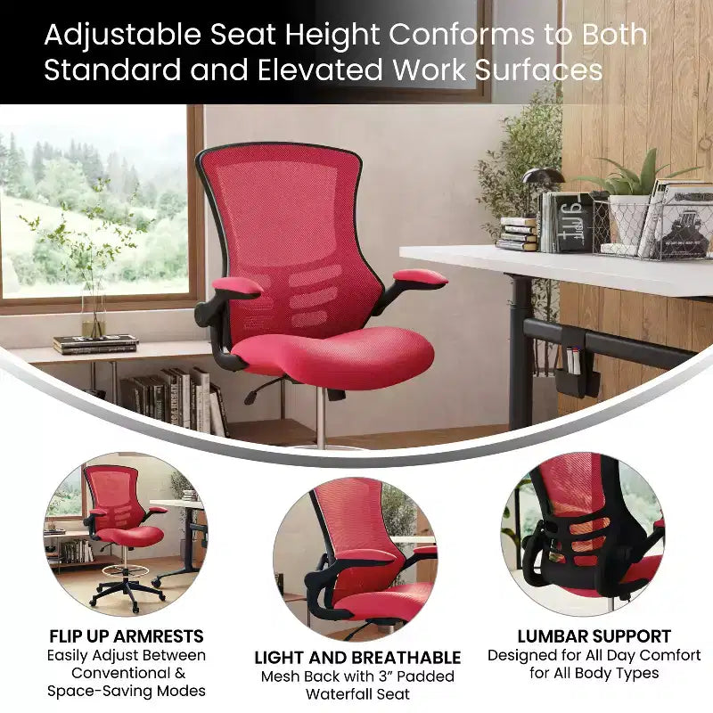 Sedia ergonomica da disegno in rete a schienale medio con poggiapiedi ad anello e braccioli ribaltabili, sedile singolo, colori assortiti