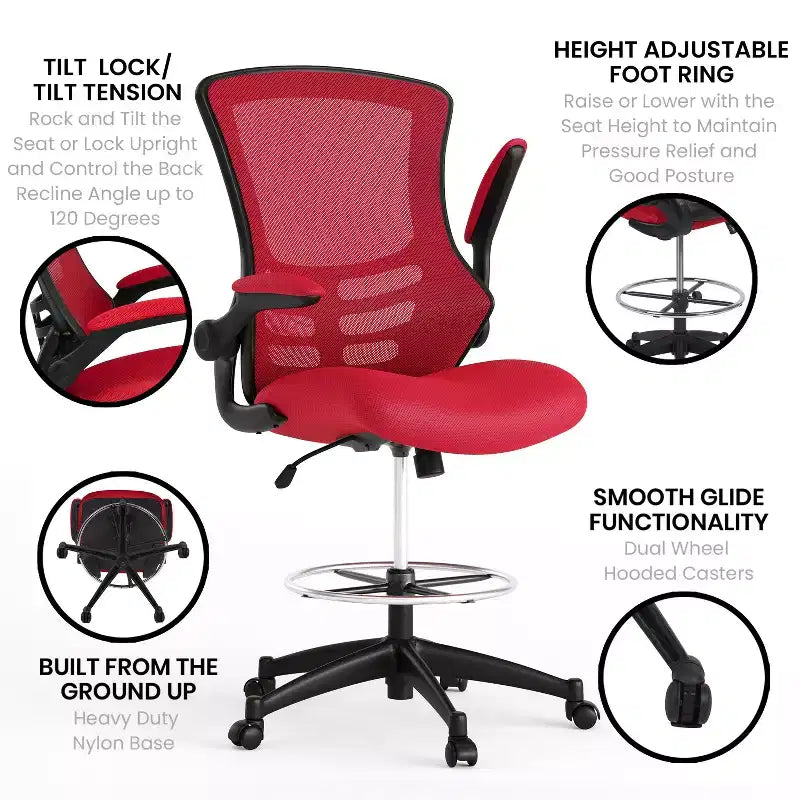 Sedia ergonomica da disegno in rete a schienale medio con poggiapiedi ad anello e braccioli ribaltabili, sedile singolo, colori assortiti