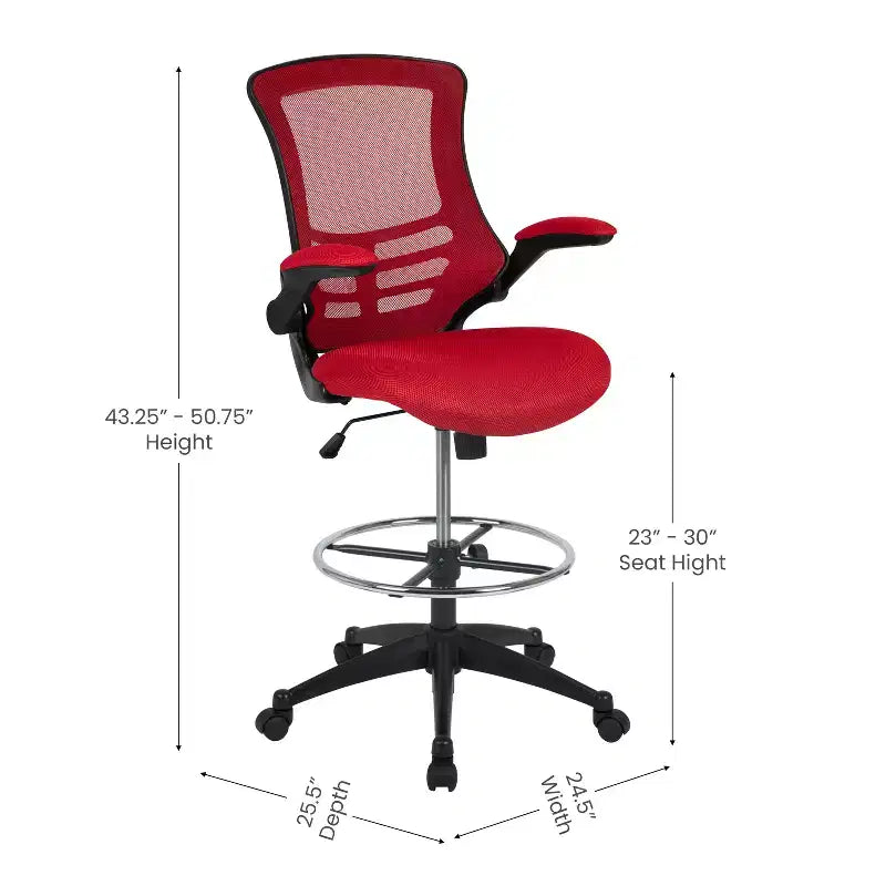Sedia ergonomica da disegno in rete a schienale medio con poggiapiedi ad anello e braccioli ribaltabili, sedile singolo, colori assortiti