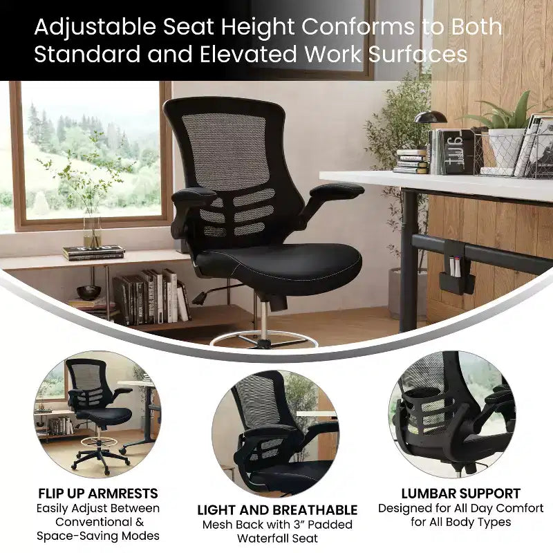 Sedia ergonomica da disegno in rete a schienale medio con poggiapiedi ad anello e braccioli ribaltabili, sedile singolo, colori assortiti
