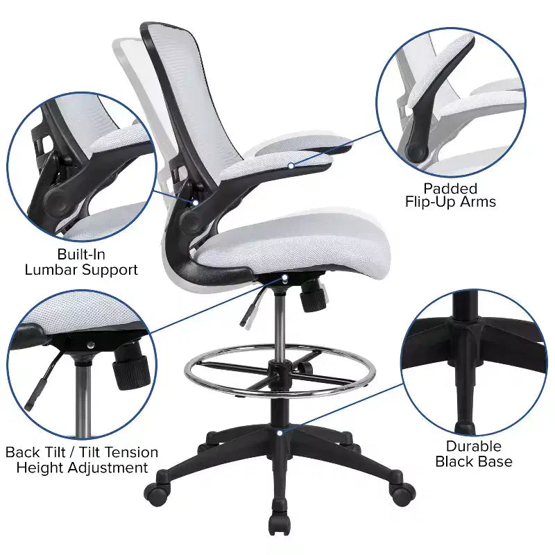 Sedia ergonomica da disegno in rete a schienale medio con poggiapiedi ad anello e braccioli ribaltabili, sedile singolo, colori assortiti