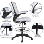 Sedia ergonomica da disegno in rete a schienale medio con poggiapiedi ad anello e braccioli ribaltabili, sedile singolo, colori assortiti