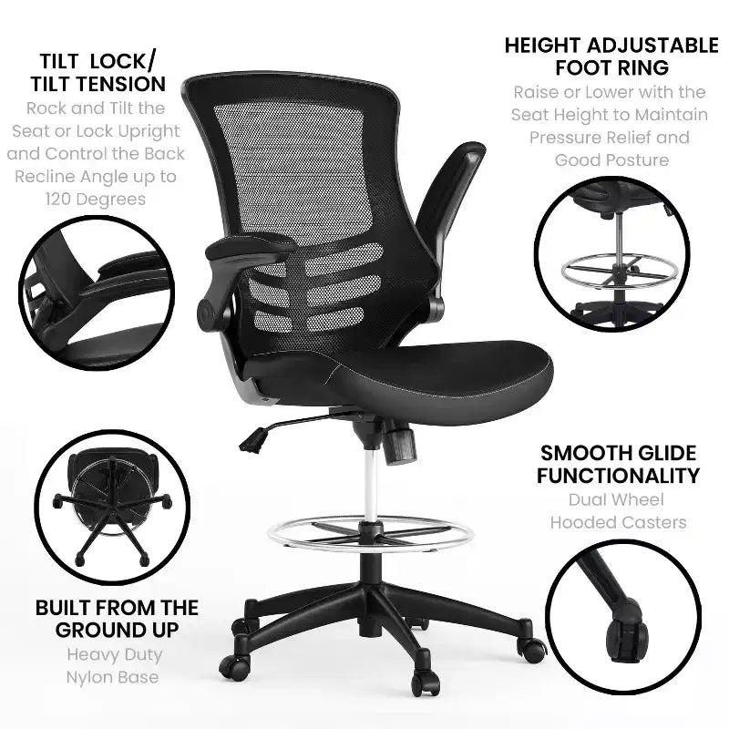 Sedia ergonomica da disegno in rete a schienale medio con poggiapiedi ad anello e braccioli ribaltabili, sedile singolo, colori assortiti