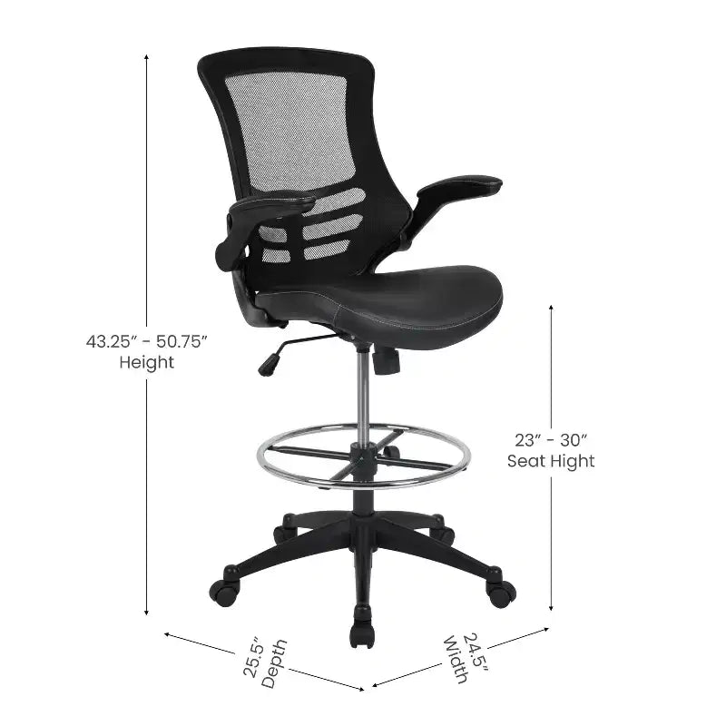 Sedia ergonomica da disegno in rete a schienale medio con poggiapiedi ad anello e braccioli ribaltabili, sedile singolo, colori assortiti