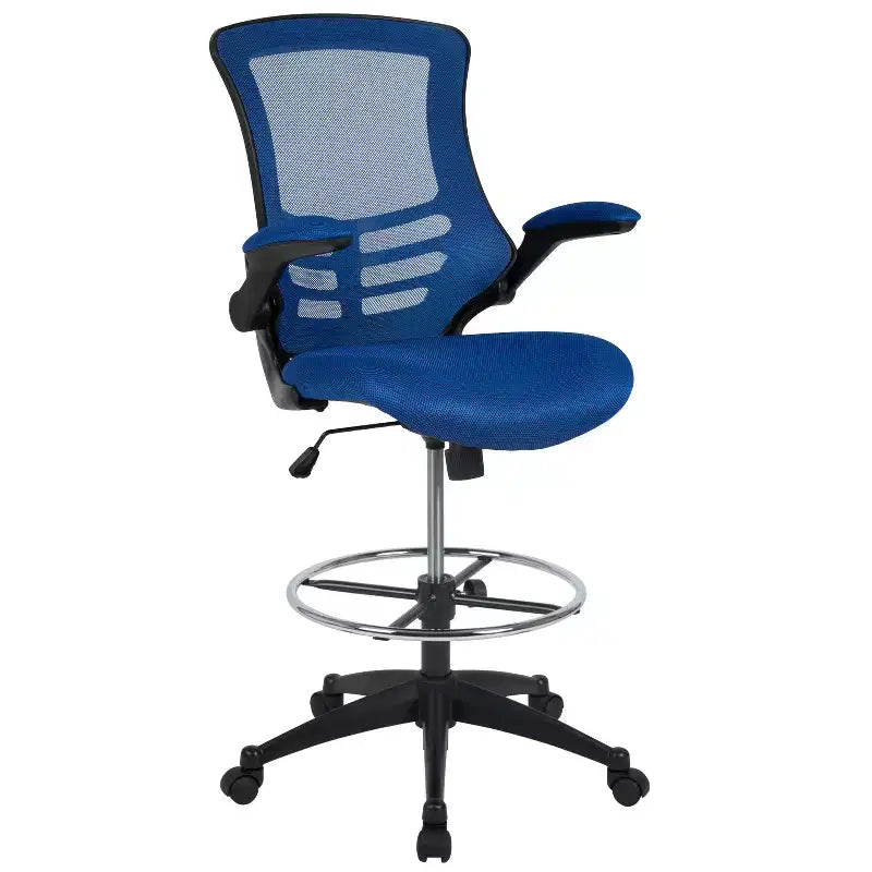 Sedia ergonomica da disegno in rete a schienale medio con poggiapiedi ad anello e braccioli ribaltabili, sedile singolo, colori assortiti