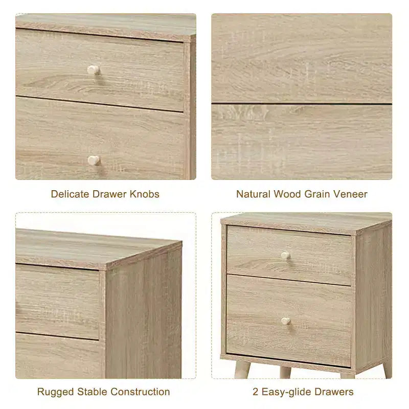 Comodino a 2 cassetti con gambe in legno di gomma, rovere/noce, 1 o 2 pezzi