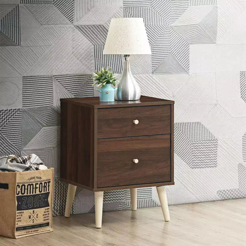 Comodino a 2 cassetti con gambe in legno di gomma, rovere/noce, 1 o 2 pezzi