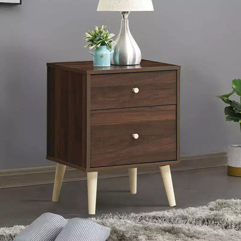 Comodino a 2 cassetti con gambe in legno di gomma, rovere/noce, 1 o 2 pezzi
