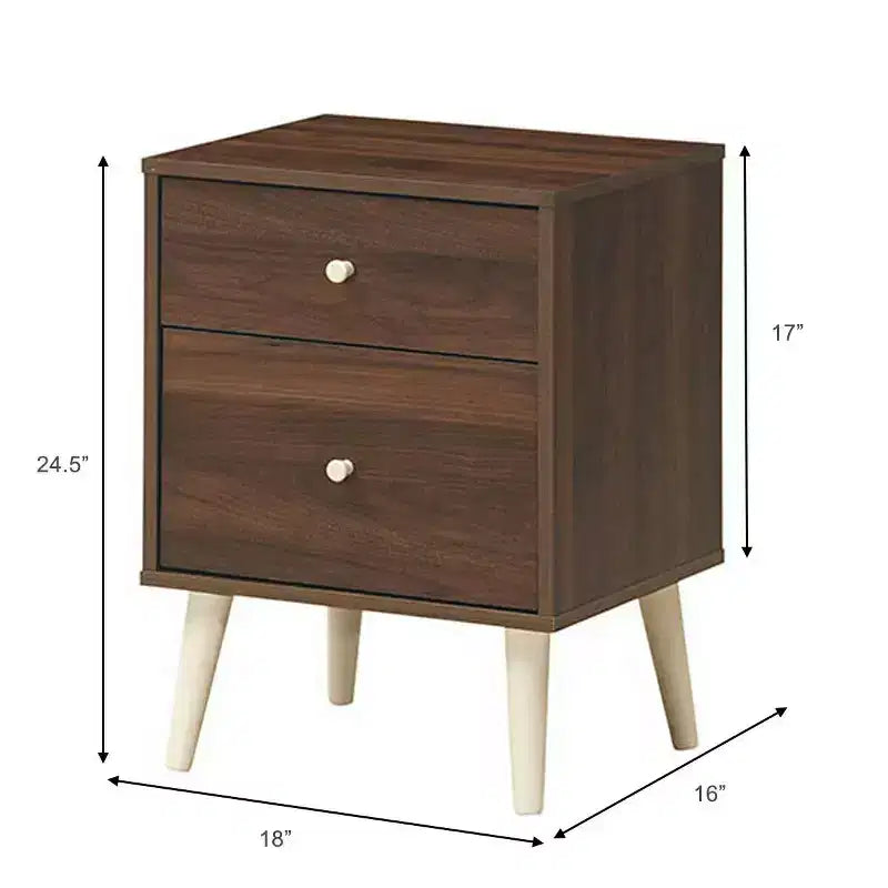 Comodino a 2 cassetti con gambe in legno di gomma, rovere/noce, 1 o 2 pezzi