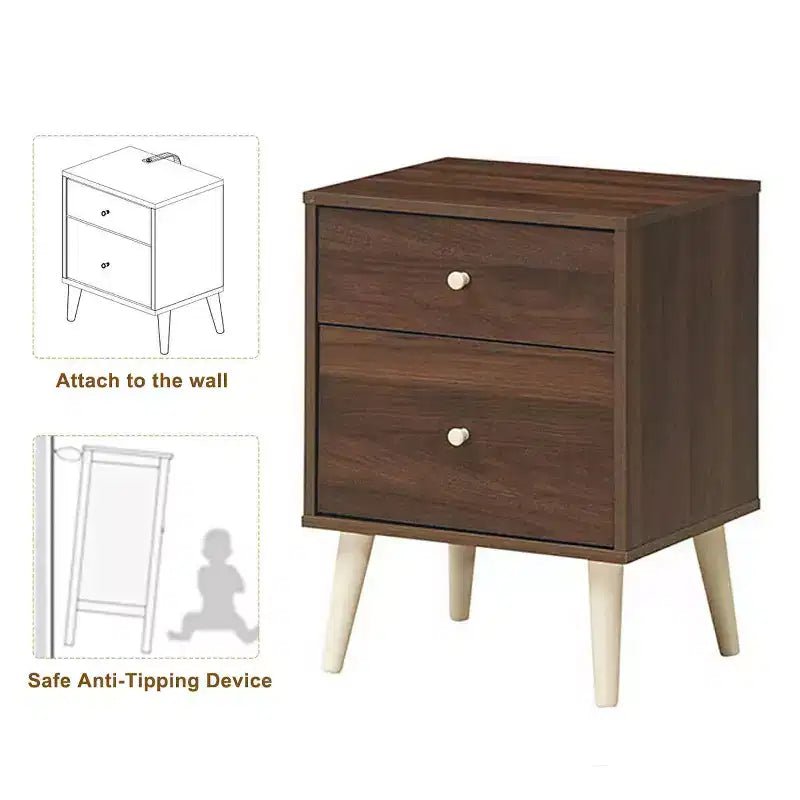 Comodino a 2 cassetti con gambe in legno di gomma, rovere/noce, 1 o 2 pezzi
