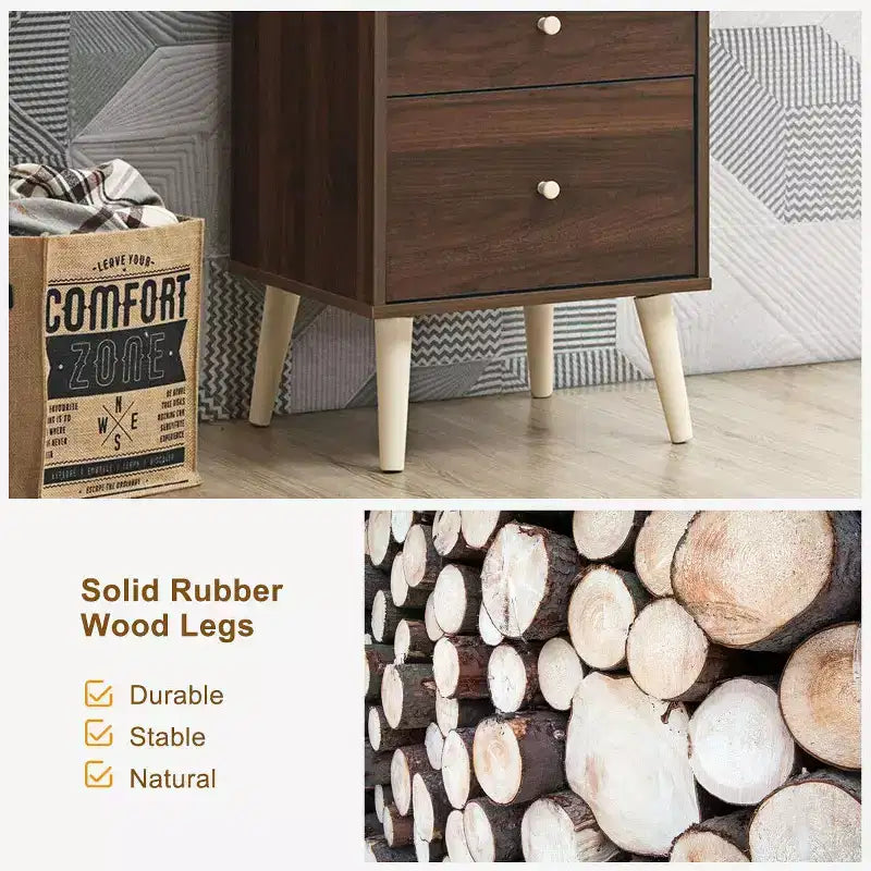 Comodino a 2 cassetti con gambe in legno di gomma, rovere/noce, 1 o 2 pezzi