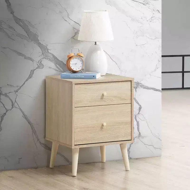 Comodino a 2 cassetti con gambe in legno di gomma, rovere/noce, 1 o 2 pezzi