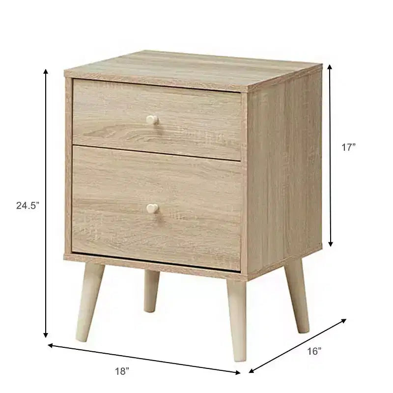 Comodino a 2 cassetti con gambe in legno di gomma, rovere/noce, 1 o 2 pezzi