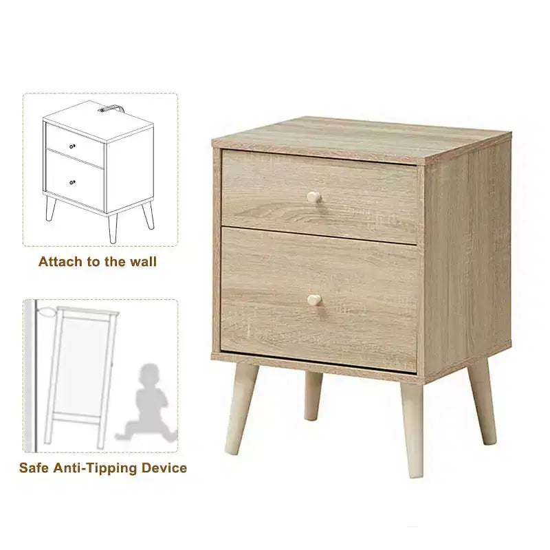 Comodino a 2 cassetti con gambe in legno di gomma, rovere/noce, 1 o 2 pezzi