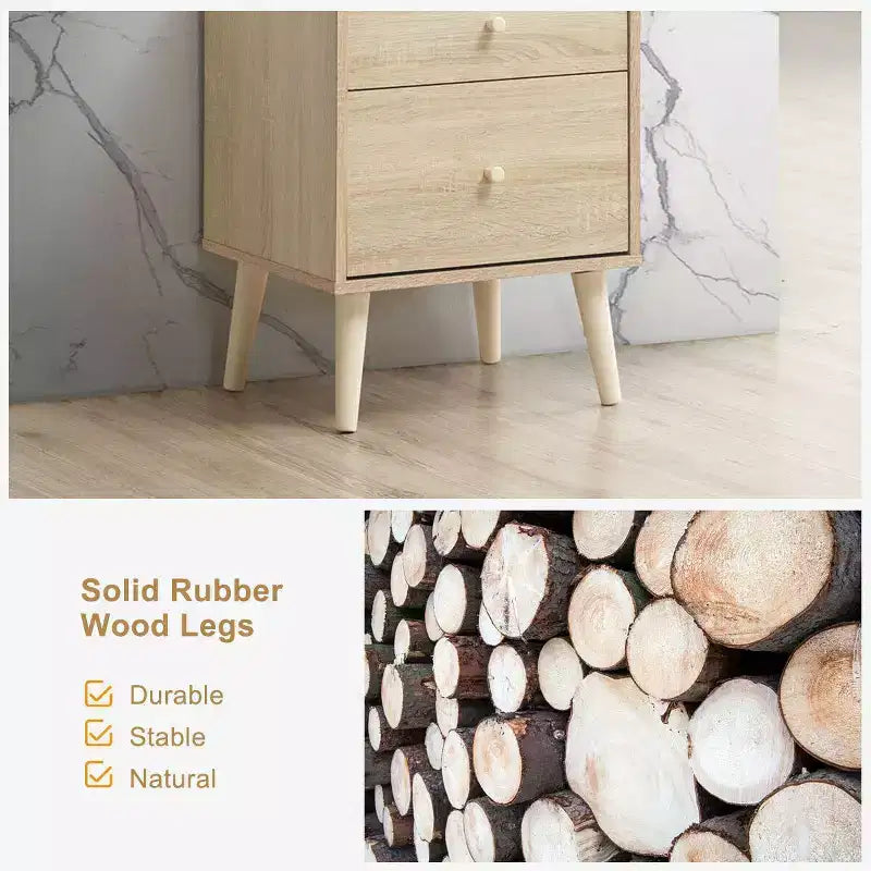 Comodino a 2 cassetti con gambe in legno di gomma, rovere/noce, 1 o 2 pezzi